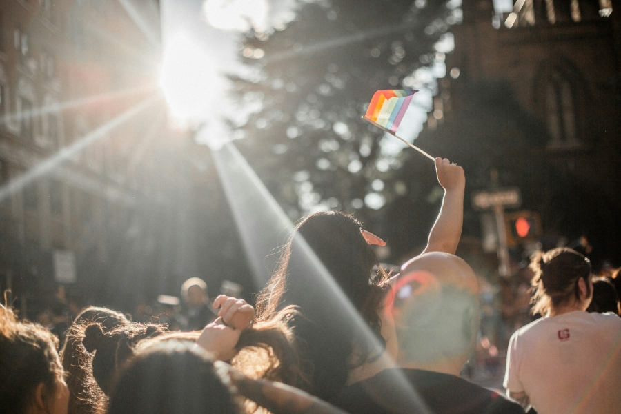 Feestende mensen met pride vlaggetje