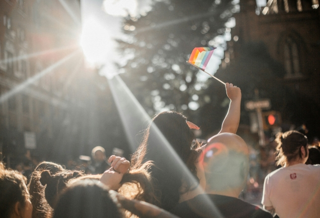 Feestende mensen met pride vlaggetje